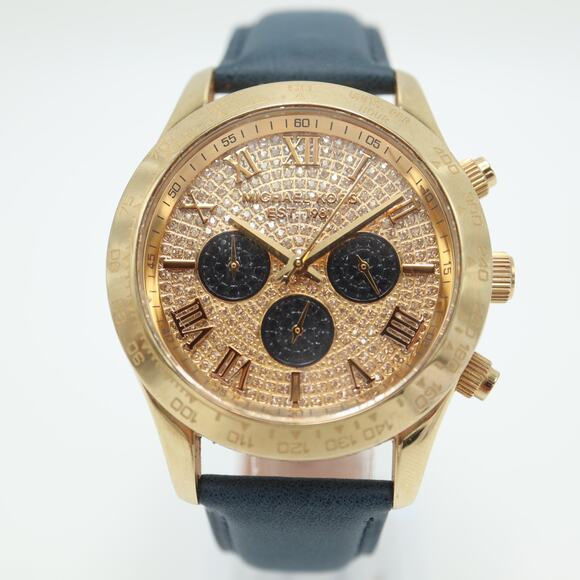 Michael Kors Layton Glitz Gold Black Chronograph 44mm Watch Blue Leather Strap - Picture 5 of 15